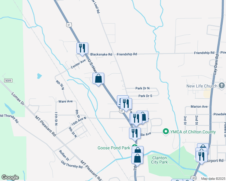 map of restaurants, bars, coffee shops, grocery stores, and more near 1710 7th Street North in Clanton