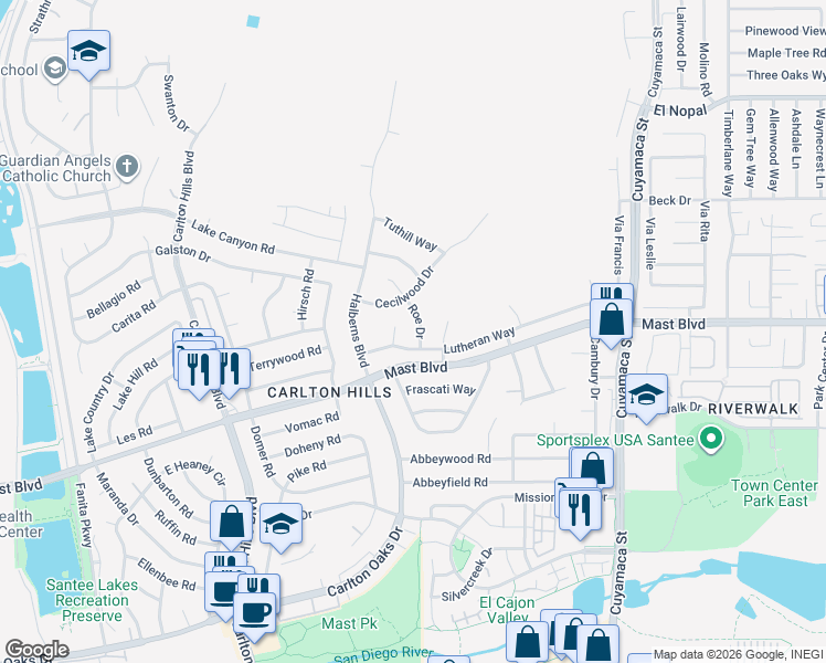 map of restaurants, bars, coffee shops, grocery stores, and more near 9717 Roe Drive in Santee