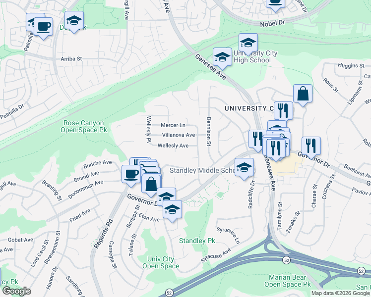 map of restaurants, bars, coffee shops, grocery stores, and more near 3489 Wellesly Avenue in San Diego