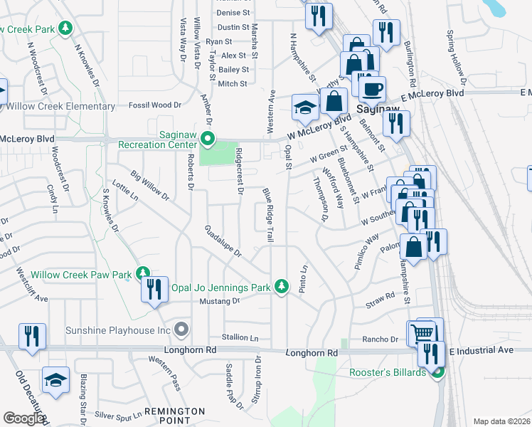 map of restaurants, bars, coffee shops, grocery stores, and more near 405 Palo Duro Circle in Saginaw