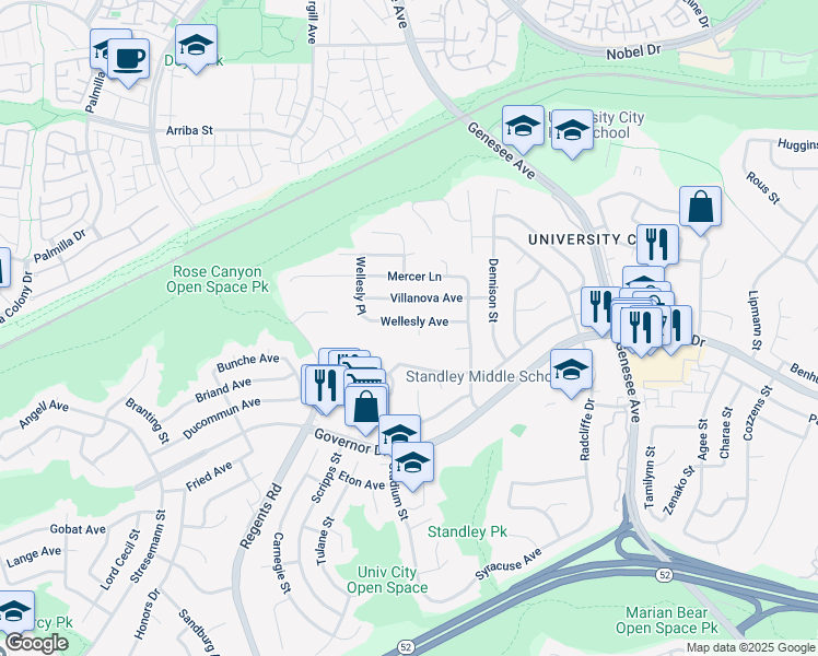 map of restaurants, bars, coffee shops, grocery stores, and more near 3367 Wellesly Avenue in San Diego