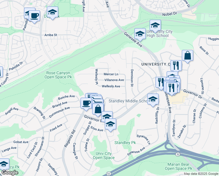 map of restaurants, bars, coffee shops, grocery stores, and more near 3367 Wellesly Avenue in San Diego