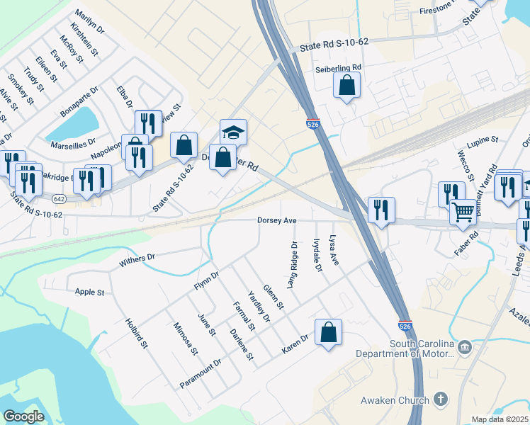 map of restaurants, bars, coffee shops, grocery stores, and more near 4018 Dorsey Avenue in North Charleston