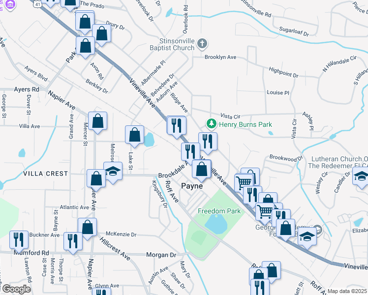 map of restaurants, bars, coffee shops, grocery stores, and more near 3324 Vineville Avenue in Macon