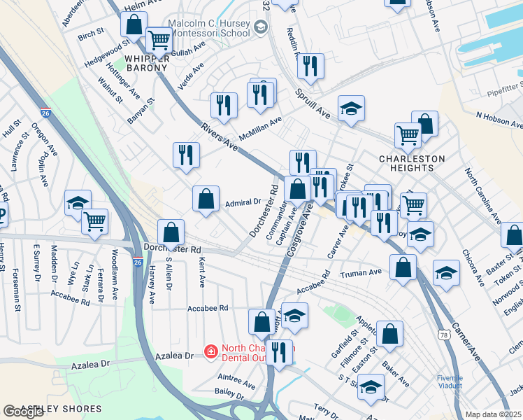 map of restaurants, bars, coffee shops, grocery stores, and more near 2134 Dorchester Road in North Charleston