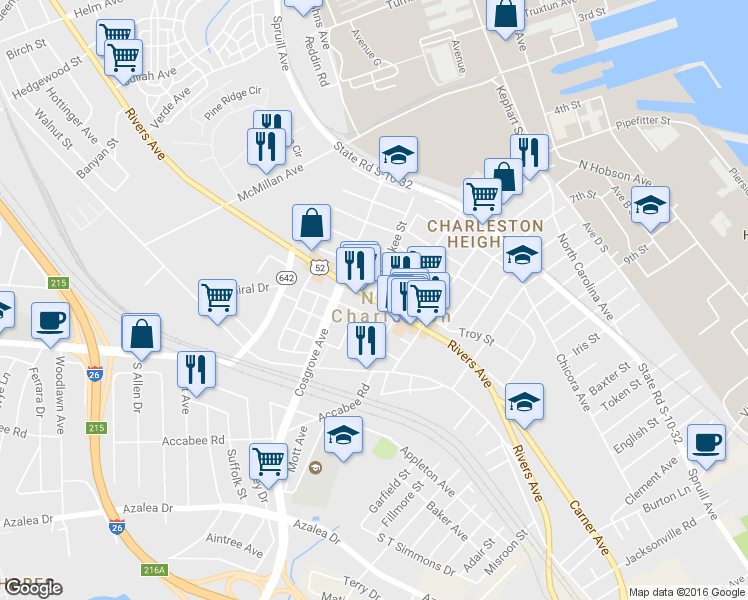 map of restaurants, bars, coffee shops, grocery stores, and more near 3349 Rivers Avenue in North Charleston