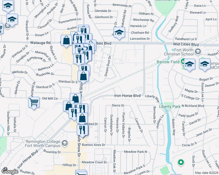 map of restaurants, bars, coffee shops, grocery stores, and more near 6851 Iron Horse Boulevard in North Richland Hills