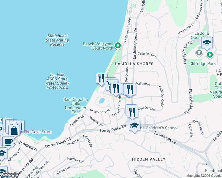 map of restaurants, bars, coffee shops, grocery stores, and more near 8115 Camino del Sol in San Diego