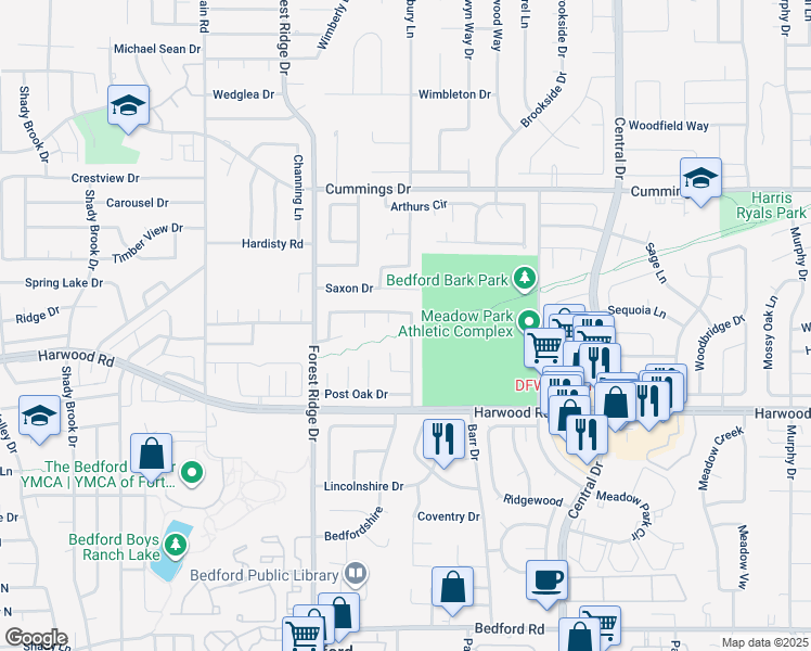 map of restaurants, bars, coffee shops, grocery stores, and more near 3032 Oak Valley Drive in Bedford