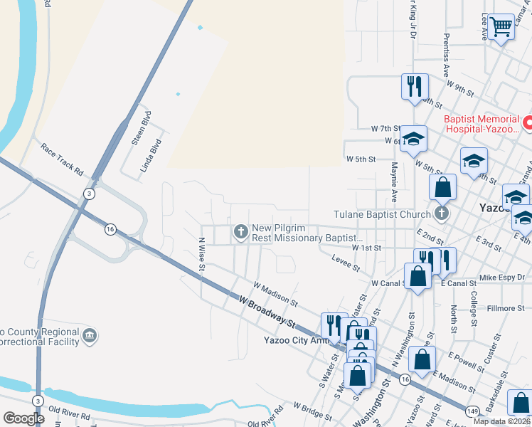map of restaurants, bars, coffee shops, grocery stores, and more near 708 West 2nd Street in Yazoo City