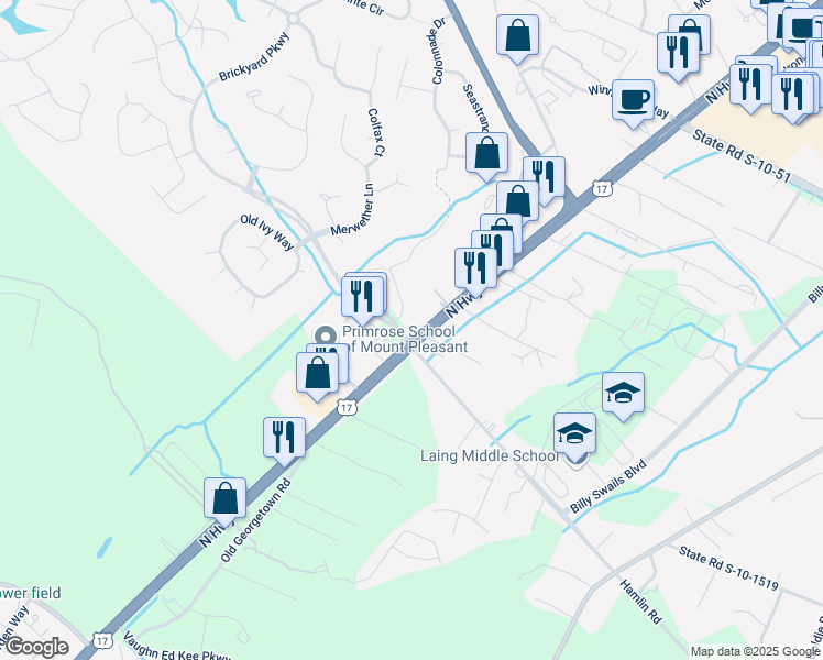 map of restaurants, bars, coffee shops, grocery stores, and more near 2714 North Highway 17 in Mount Pleasant