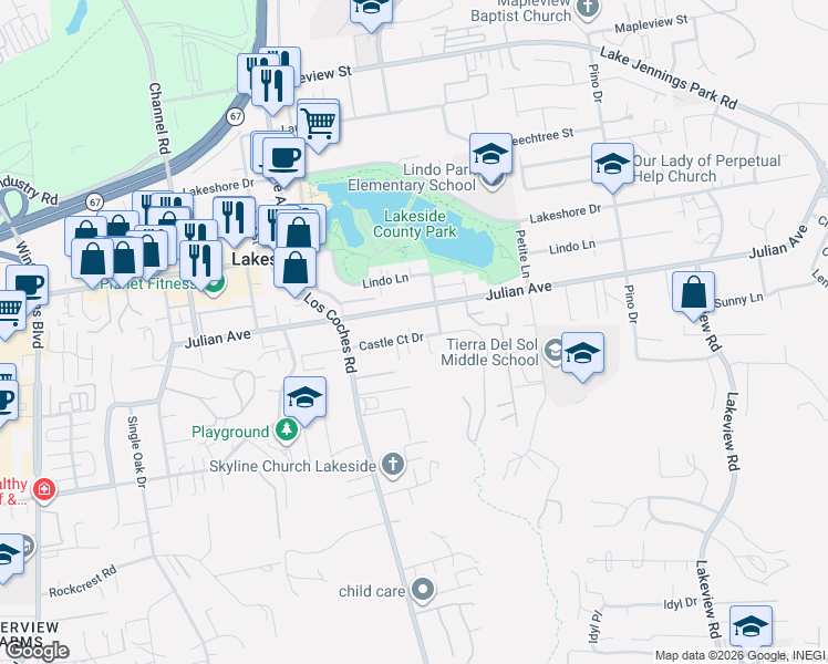 map of restaurants, bars, coffee shops, grocery stores, and more near 12736 Castle Court Drive in Lakeside