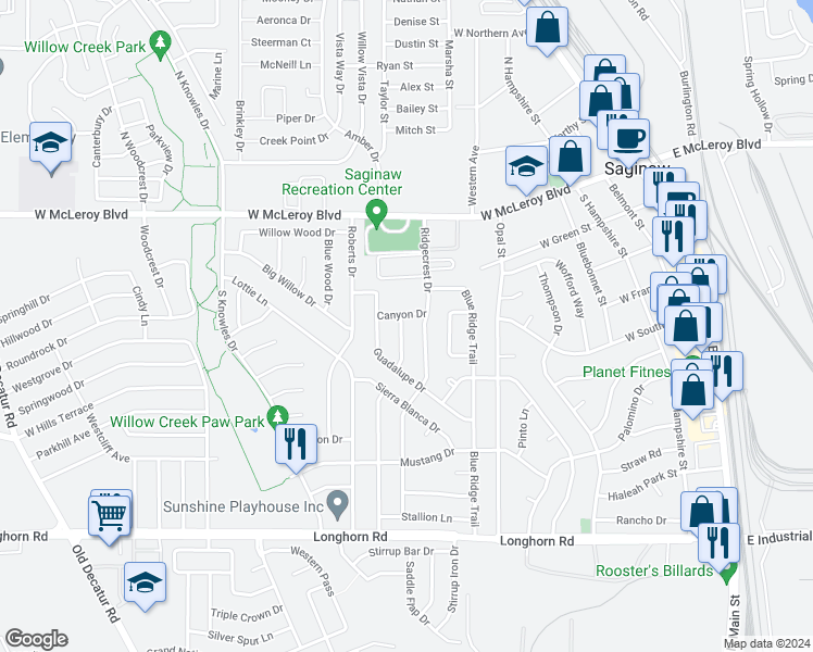 map of restaurants, bars, coffee shops, grocery stores, and more near 405 Indian Crest Drive in Saginaw
