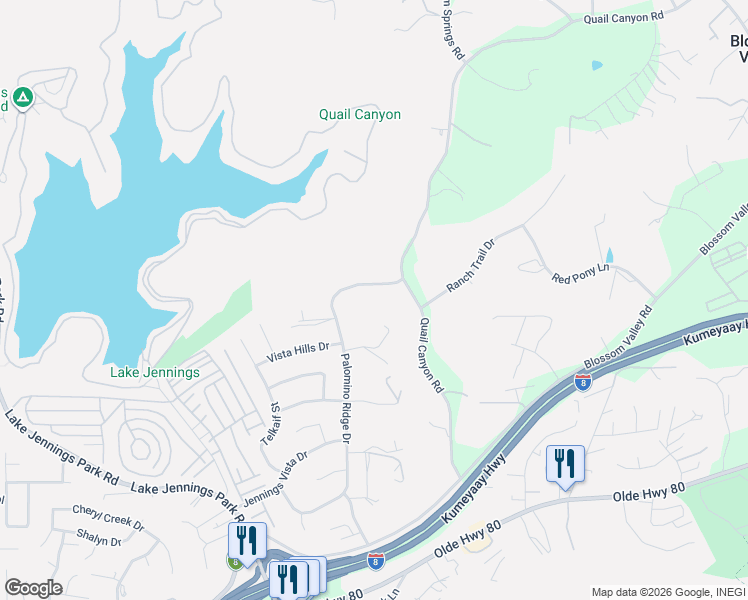 map of restaurants, bars, coffee shops, grocery stores, and more near 9650 Palomino Ridge Drive in El Cajon