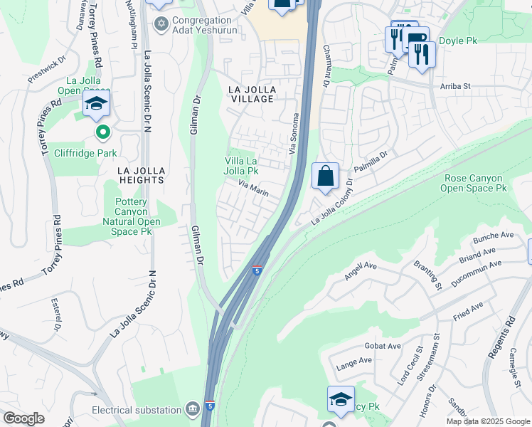map of restaurants, bars, coffee shops, grocery stores, and more near 8242 Caminito Sonoma in San Diego