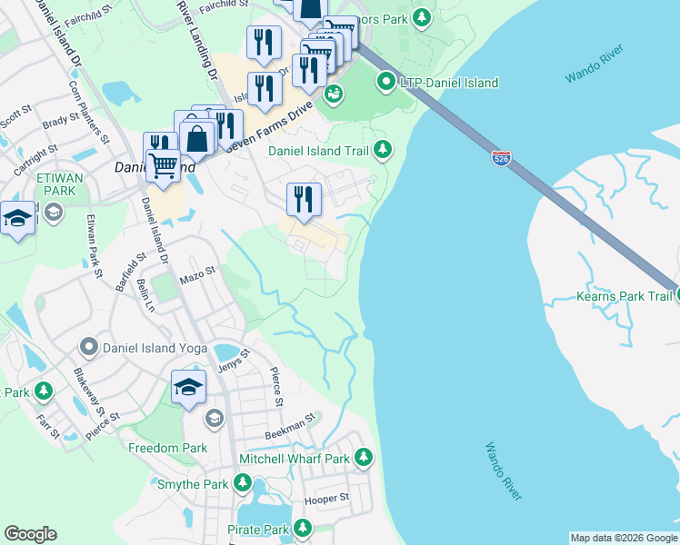 map of restaurants, bars, coffee shops, grocery stores, and more near 301 Longshore Street in Charleston