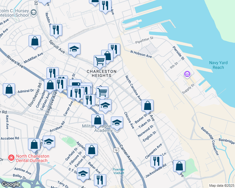 map of restaurants, bars, coffee shops, grocery stores, and more near 1914 Orvid Street in North Charleston