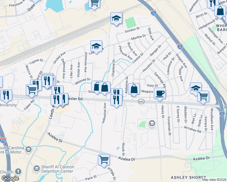 map of restaurants, bars, coffee shops, grocery stores, and more near 2904 Alabama Drive in North Charleston