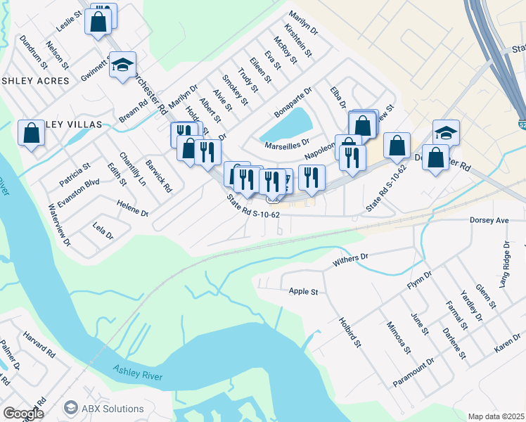 map of restaurants, bars, coffee shops, grocery stores, and more near 4683 West Montague Avenue in North Charleston