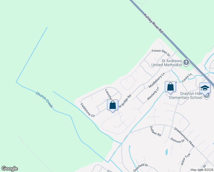 map of restaurants, bars, coffee shops, grocery stores, and more near 6075 Fieldstone Circle in Charleston