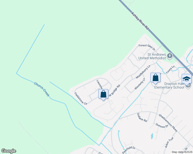 map of restaurants, bars, coffee shops, grocery stores, and more near 6075 Fieldstone Circle in Charleston