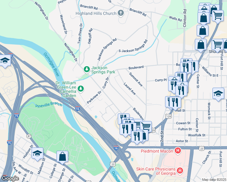 map of restaurants, bars, coffee shops, grocery stores, and more near 871 Nottingham Drive in Macon