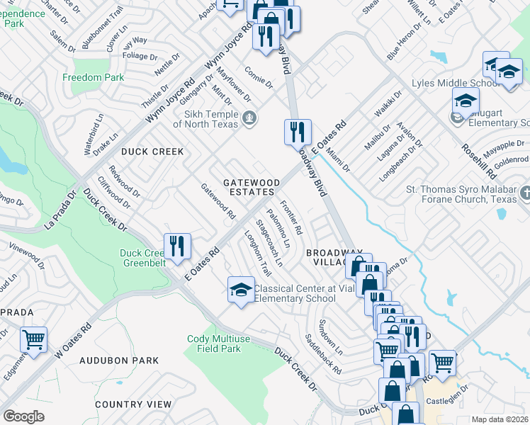 map of restaurants, bars, coffee shops, grocery stores, and more near 4917 Palomino Lane in Garland