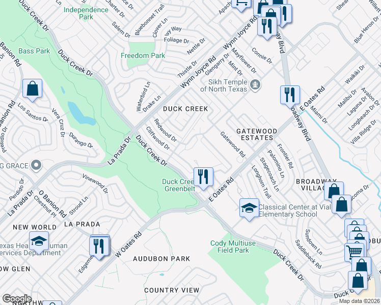 map of restaurants, bars, coffee shops, grocery stores, and more near 4813 Cliffwood Drive in Garland