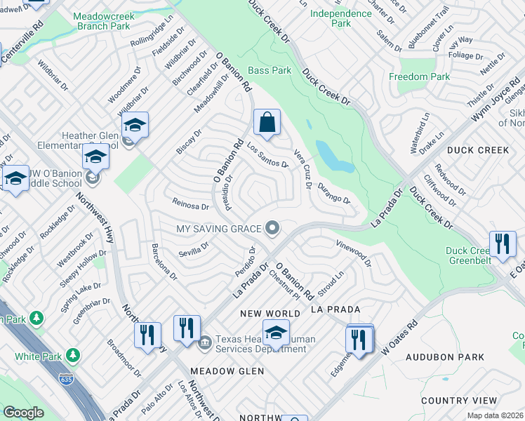 map of restaurants, bars, coffee shops, grocery stores, and more near 5206 Woodmeadow Drive in Garland