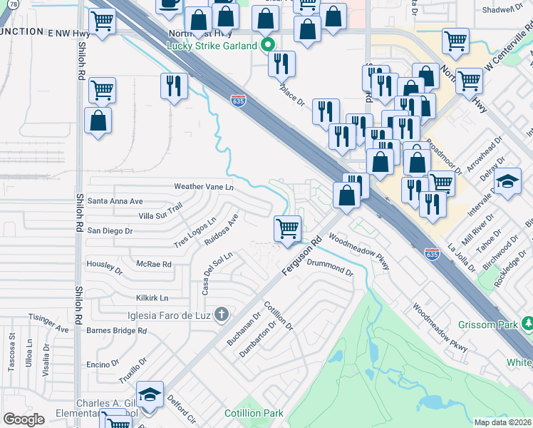 map of restaurants, bars, coffee shops, grocery stores, and more near 3262 Tres Logos Lane in Dallas