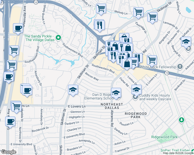 map of restaurants, bars, coffee shops, grocery stores, and more near 6200 Rincon Way in Dallas