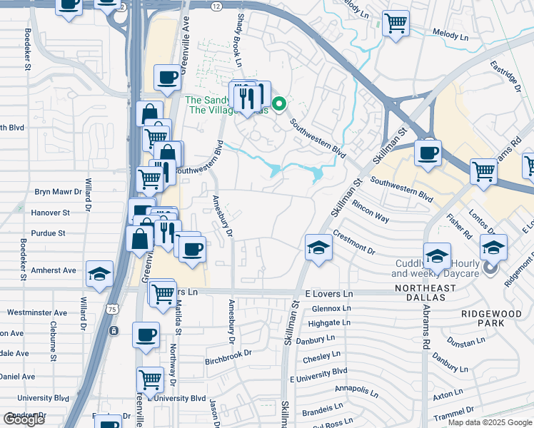 map of restaurants, bars, coffee shops, grocery stores, and more near 6041 Village Bend Drive in Dallas