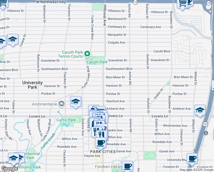 map of restaurants, bars, coffee shops, grocery stores, and more near 3325 Hanover Street in Dallas