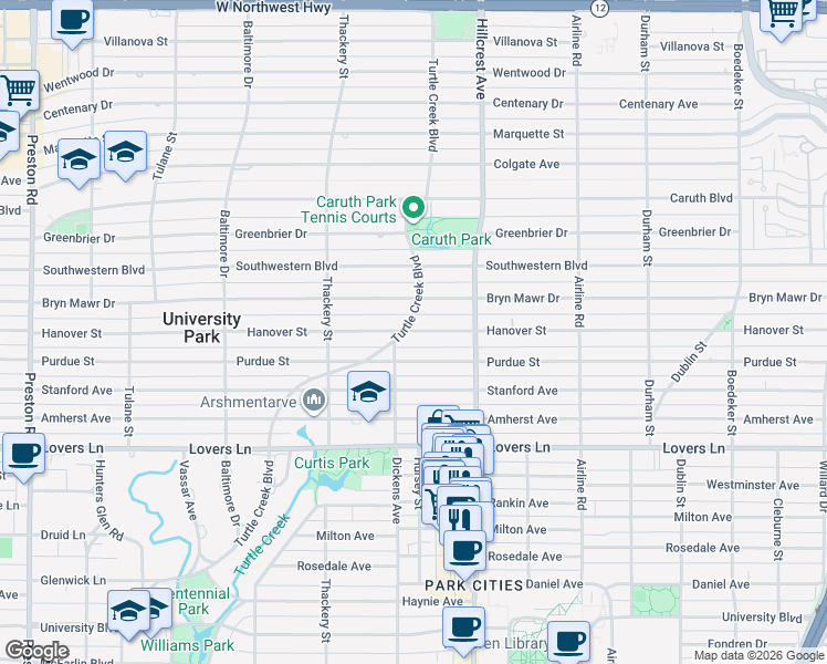 map of restaurants, bars, coffee shops, grocery stores, and more near 3433 Hanover Street in Dallas