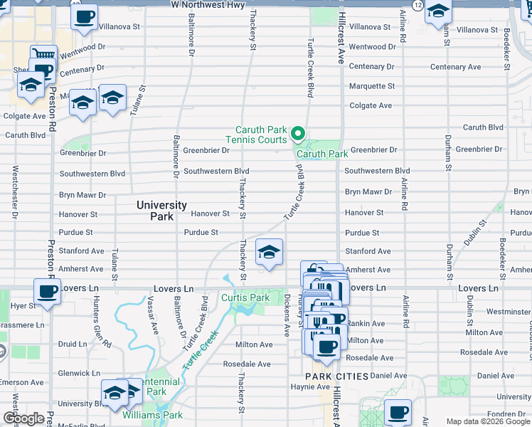 map of restaurants, bars, coffee shops, grocery stores, and more near 3537 Hanover Street in Dallas