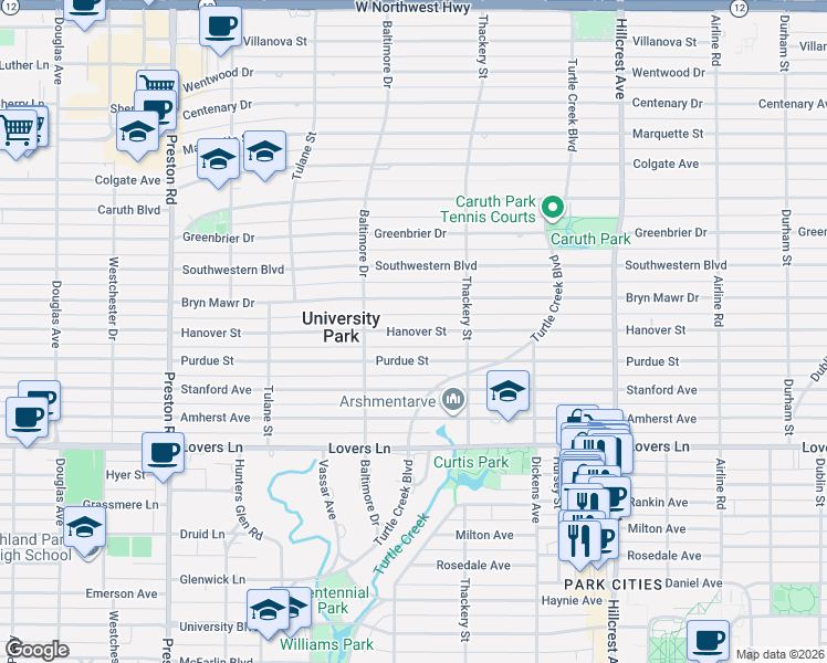 map of restaurants, bars, coffee shops, grocery stores, and more near 3637 Hanover Street in Dallas