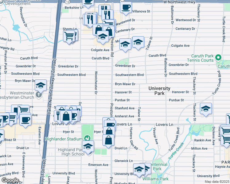 map of restaurants, bars, coffee shops, grocery stores, and more near 4085 Hanover Street in Dallas
