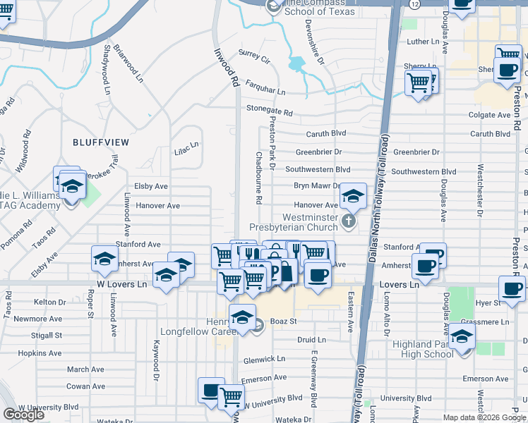 map of restaurants, bars, coffee shops, grocery stores, and more near 5501 Purdue Avenue in Dallas