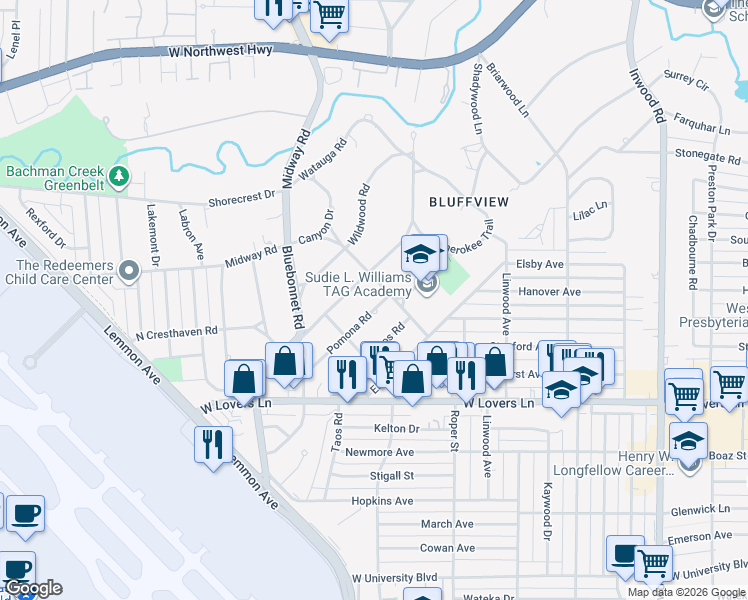 map of restaurants, bars, coffee shops, grocery stores, and more near 4415 Pomona Road in Dallas