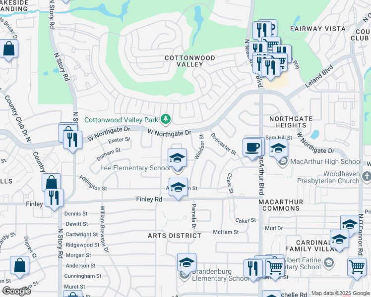 map of restaurants, bars, coffee shops, grocery stores, and more near 3708 Cranston Court East in Irving