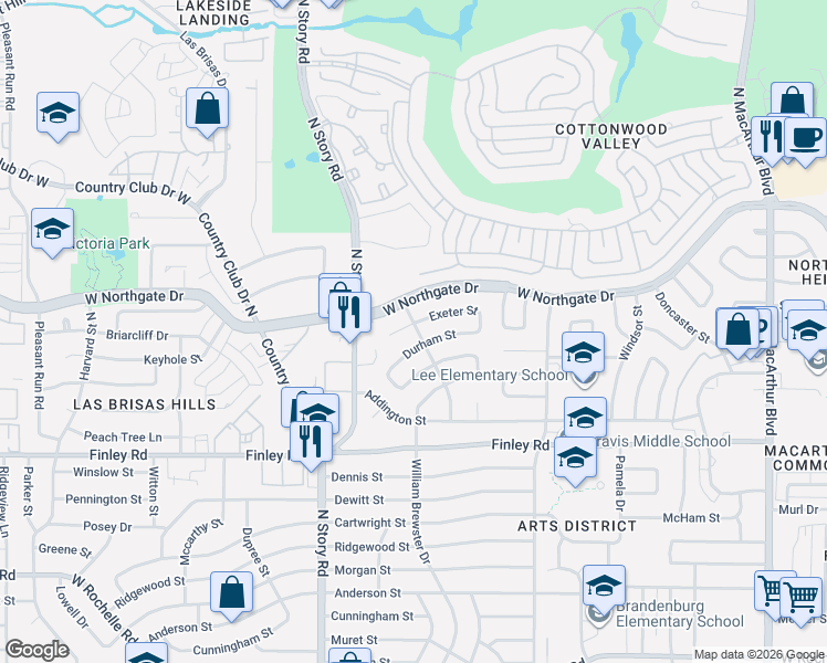 map of restaurants, bars, coffee shops, grocery stores, and more near 2014 Exeter Street in Irving