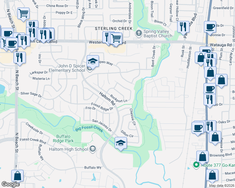 map of restaurants, bars, coffee shops, grocery stores, and more near 5772 Rockport Lane in Haltom City