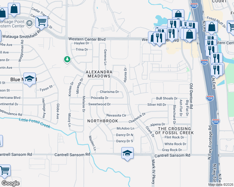 map of restaurants, bars, coffee shops, grocery stores, and more near 2501 Priscella Drive in Fort Worth