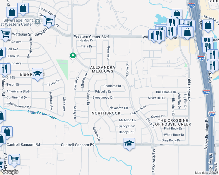 map of restaurants, bars, coffee shops, grocery stores, and more near 2413 Priscella Drive in Fort Worth