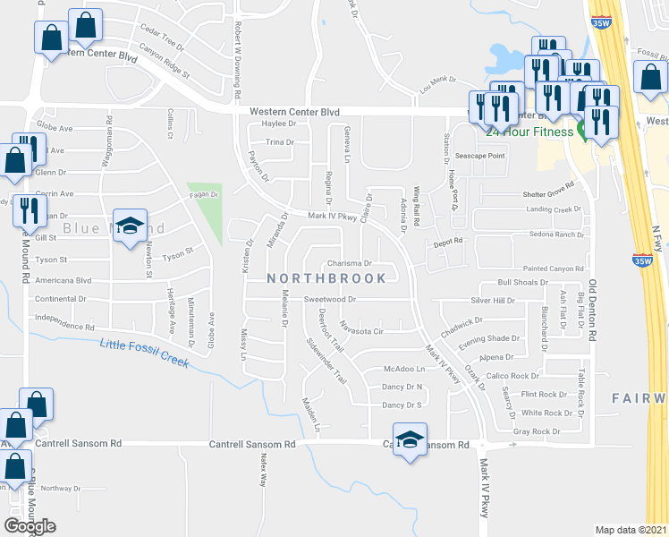 map of restaurants, bars, coffee shops, grocery stores, and more near 2201 Charisma Drive in Fort Worth