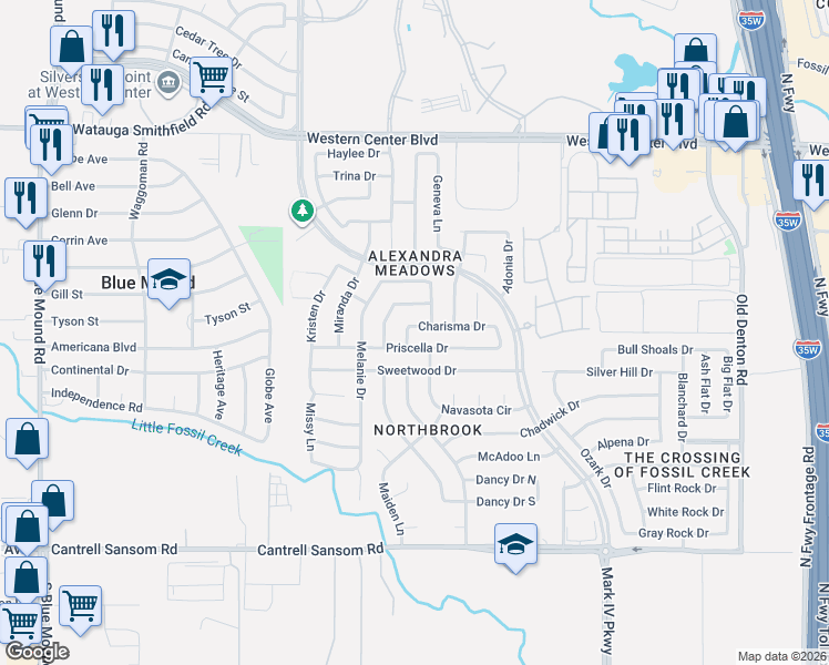 map of restaurants, bars, coffee shops, grocery stores, and more near 2201 Charisma Drive in Fort Worth