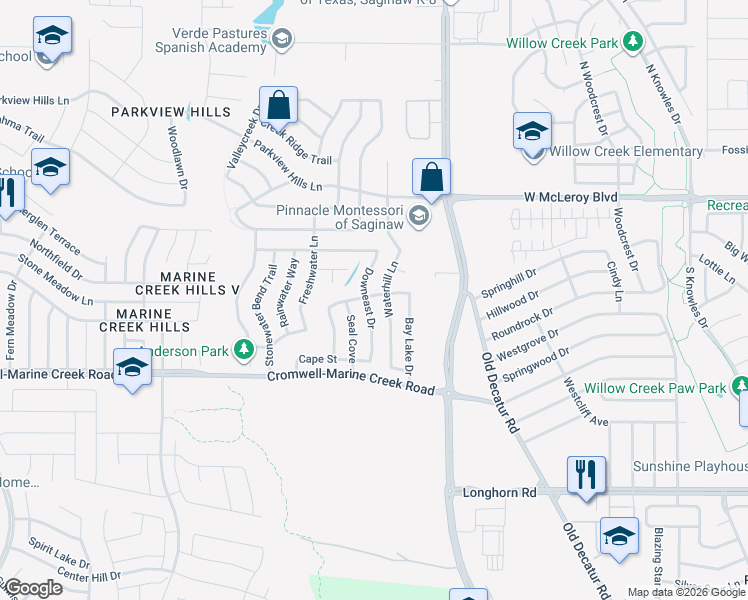 map of restaurants, bars, coffee shops, grocery stores, and more near 6437 Waterhill Lane in Fort Worth