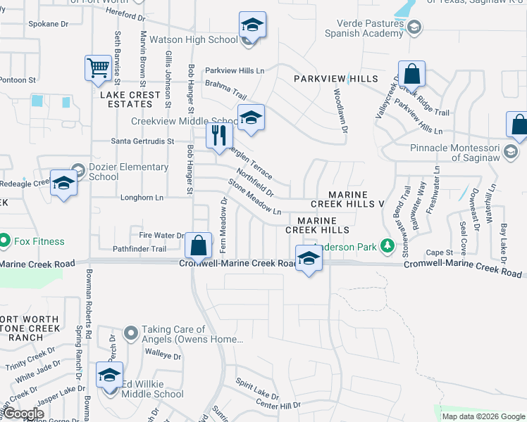map of restaurants, bars, coffee shops, grocery stores, and more near 5612 Shady Springs Trail in Fort Worth