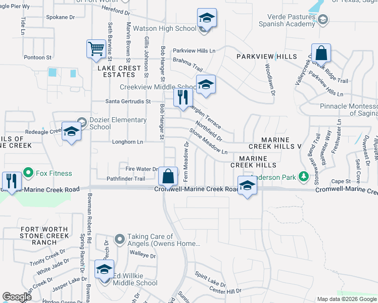 map of restaurants, bars, coffee shops, grocery stores, and more near 6416 Longmont Trail in Fort Worth