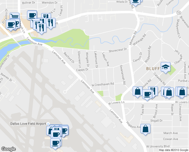 map of restaurants, bars, coffee shops, grocery stores, and more near 8502 Craighill Avenue in Dallas